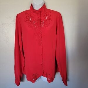 Christie & Jill Vintage Red Long Sleeve Blouse Delicate Embroidered Mockneck 10T